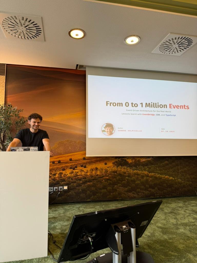 Sandro Volpicella speaking at AWS Community DACH 2025