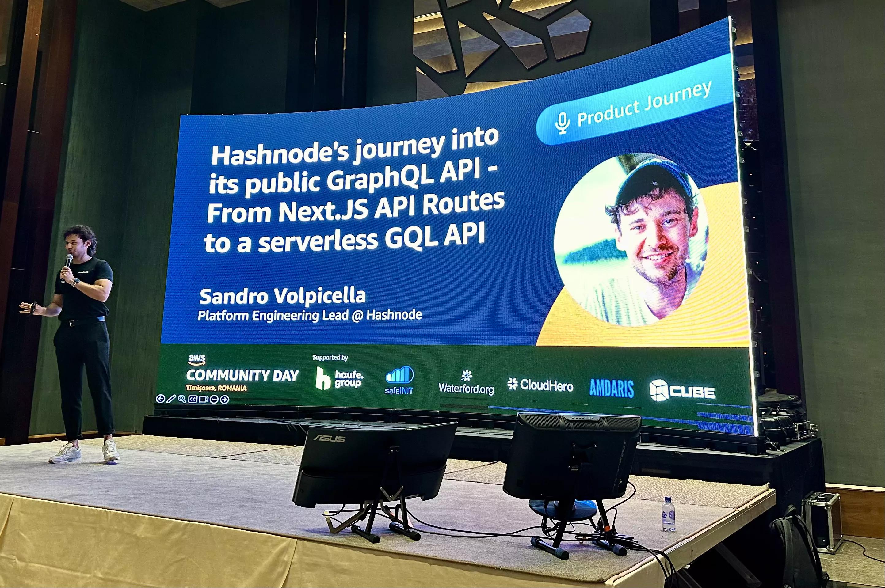 Sandro Volpicella speaking at AWS Community Day Romania 2024