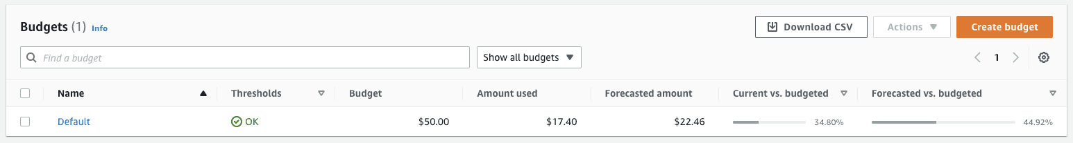 Overview about created budget alerts.