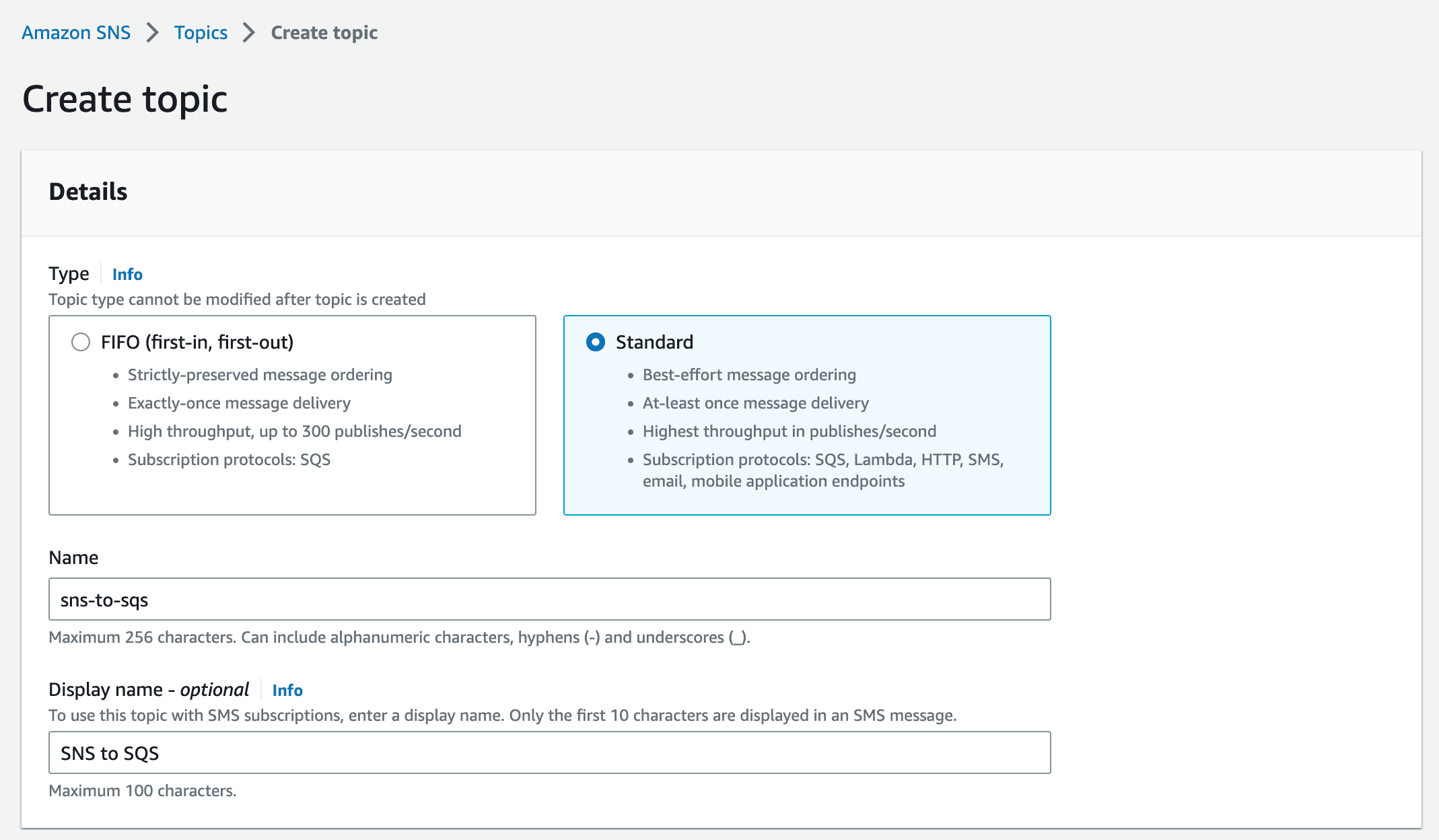 Creating a new SNS topic via the AWS console.