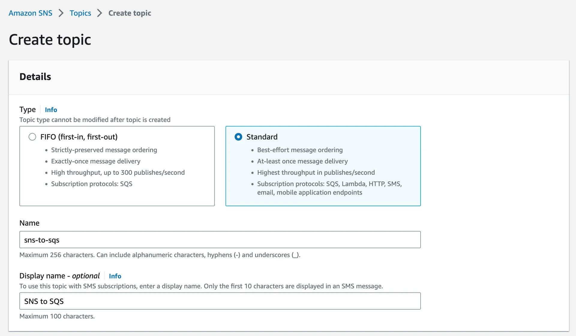 Creating a new SNS topic via the AWS console.