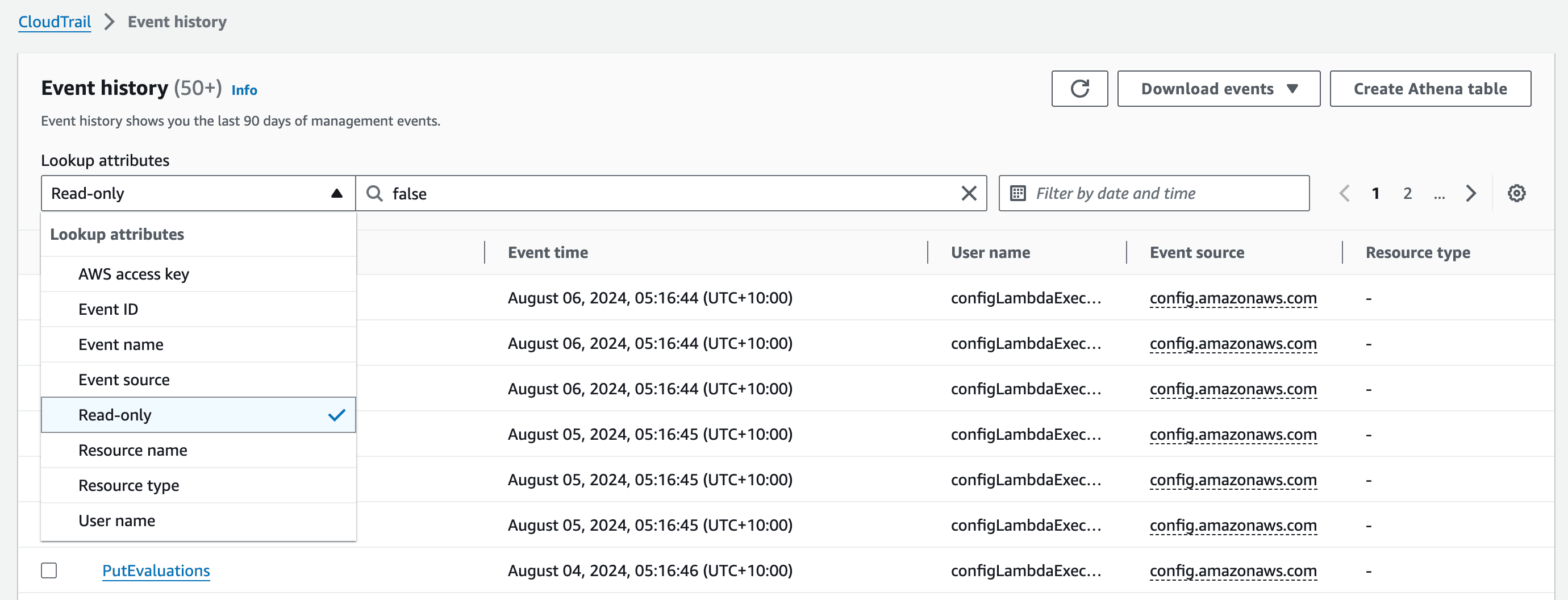Event history search in the CloudTrail console.