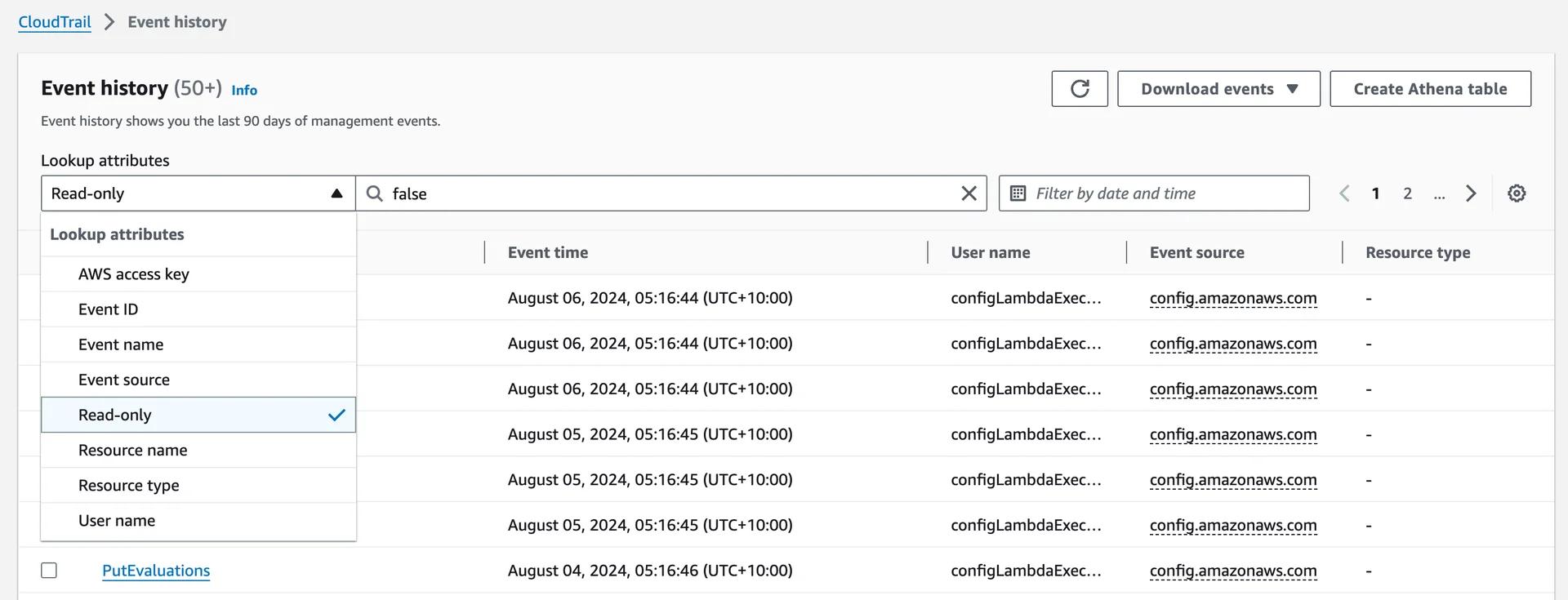 Event history search in the CloudTrail console.