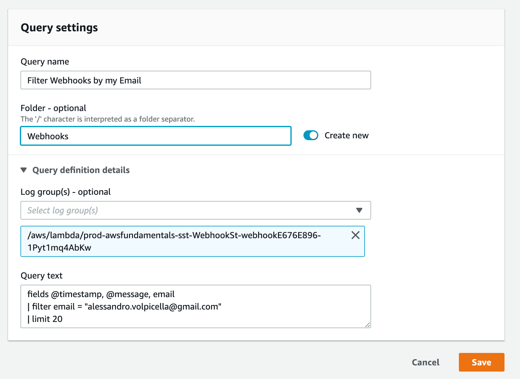 Save CloudWatch Log Insights Query