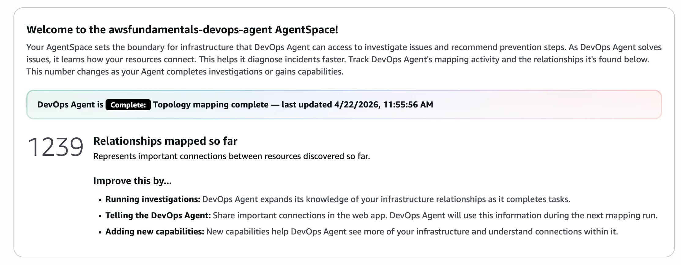 AWS DevOps Agent — Agent Space after initial setup, 1239 relationships mapped