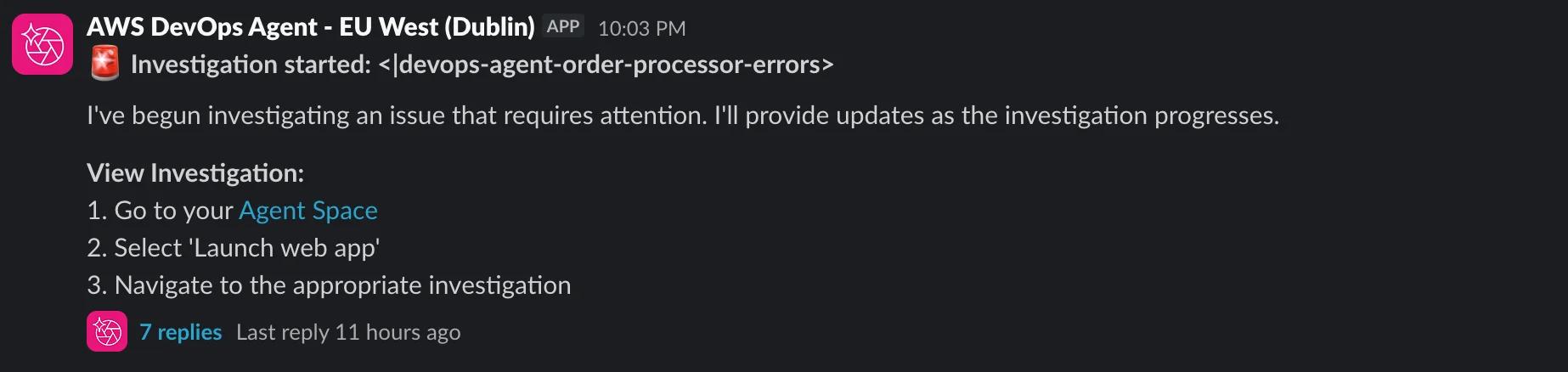 AWS DevOps Agent — investigation started notification in Slack