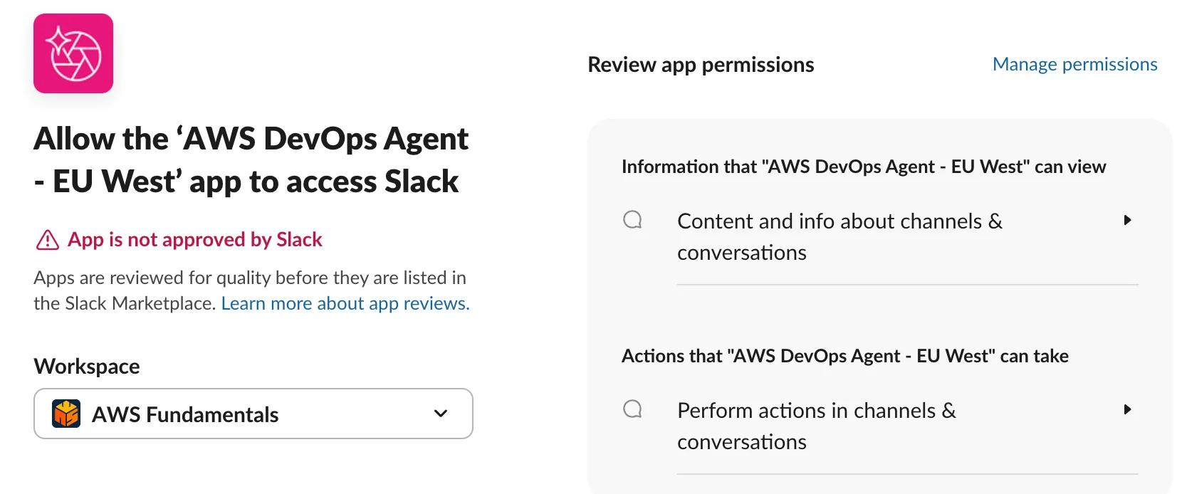 AWS DevOps Agent — Slack OAuth authorization screen
