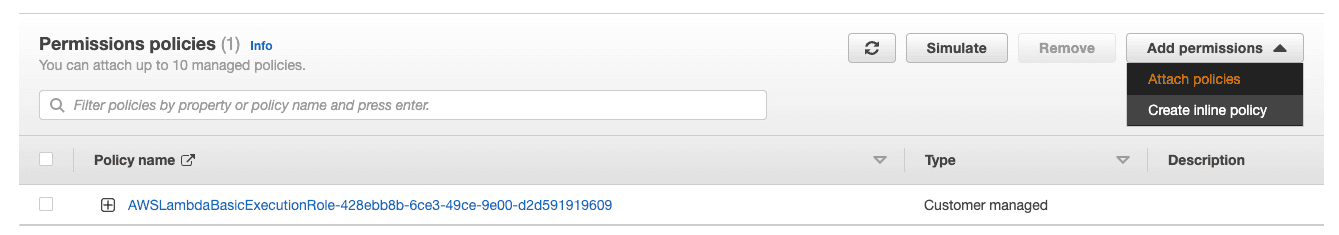 Selecting "attach policy" via the AWS Console.