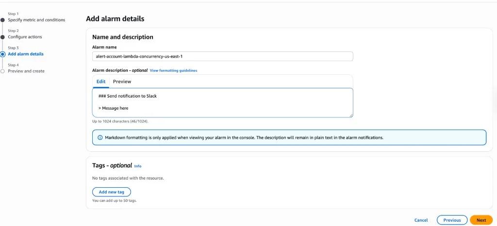 CloudWatch alarm details showing name and description setup