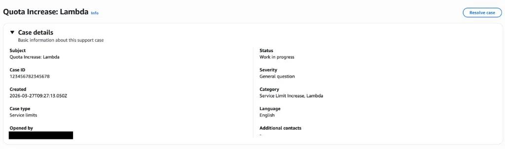 AWS Support case details for Lambda quota increase request