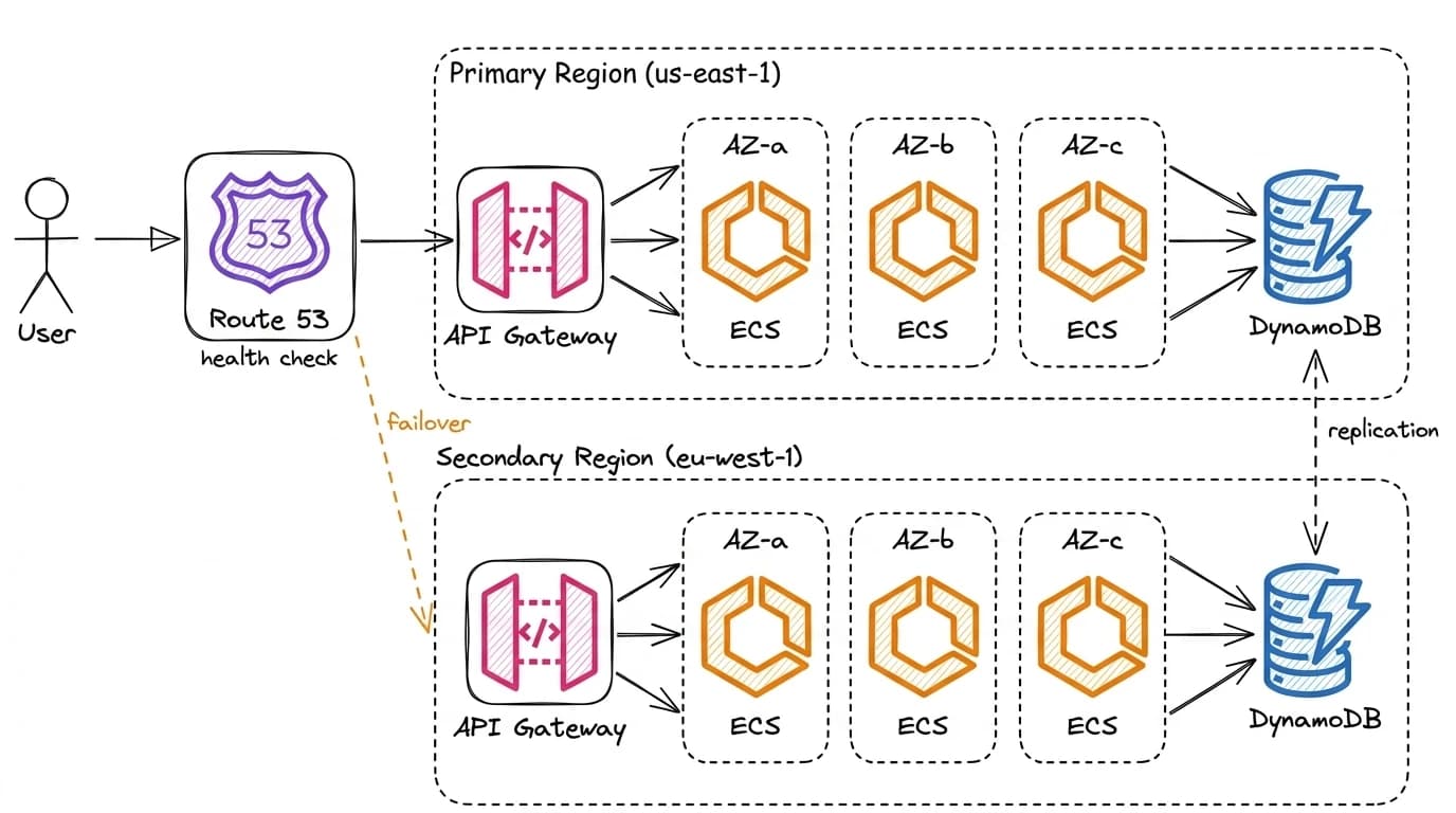 Architecture diagram: Route 53 health-checks the primary region and fails over to a secondary region, with API Gateway routing into ECS containers spread across three availability zones in each region, and DynamoDB replicating between regions