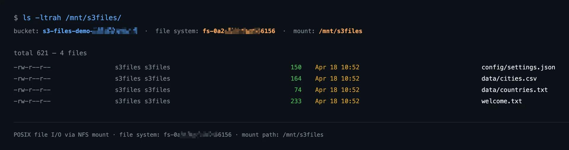 Lambda response showing S3 Files directory listing