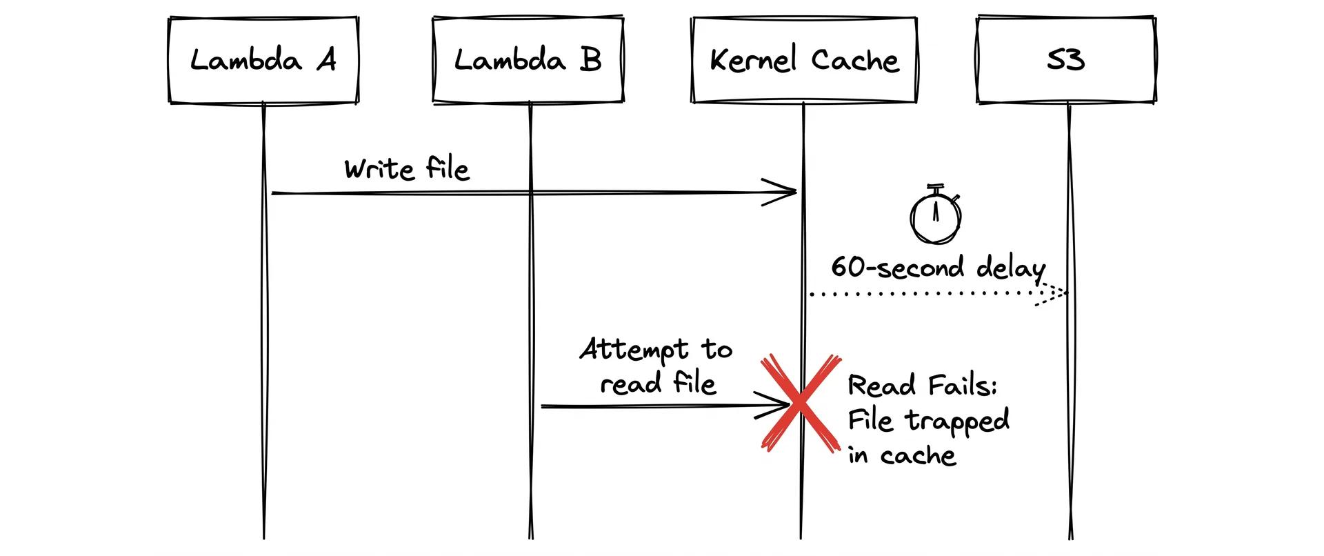 Sequence diagram showing write-back delay from Lambda through NFS cache to S3