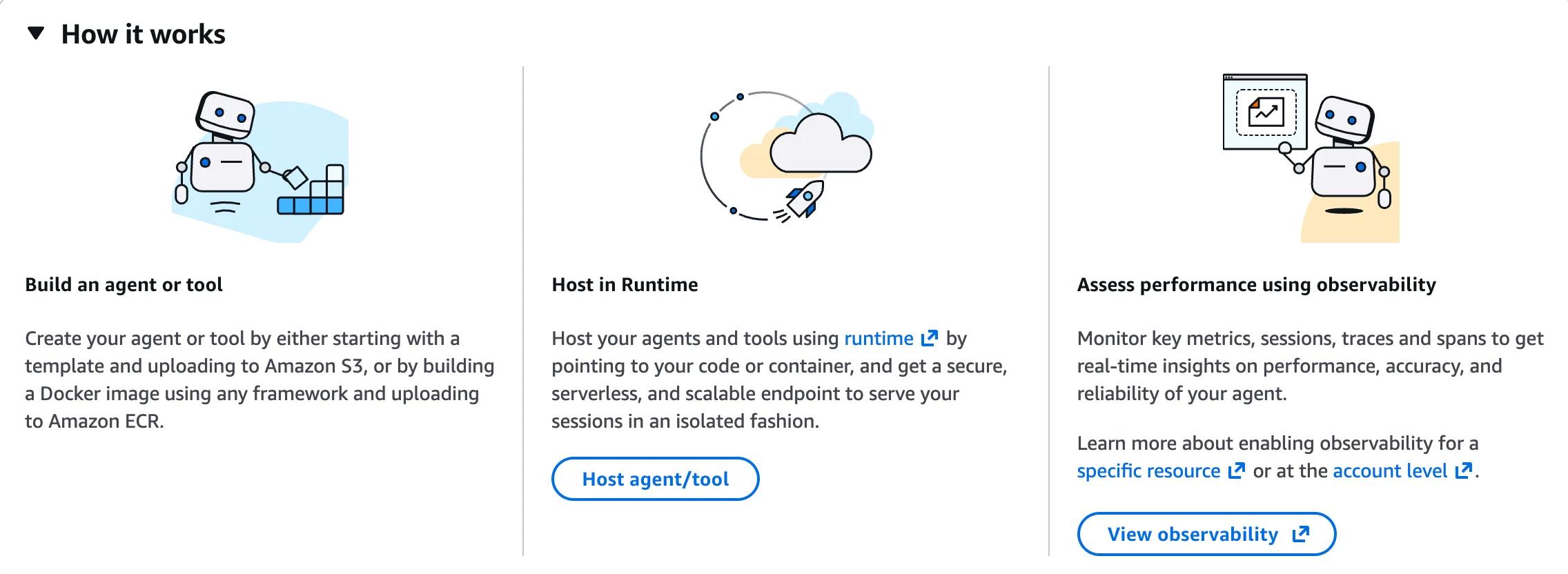 The "Runtime" tab in Amazon Bedrock AgentCore: build your agent or tool, upload to S3 or push a Docker image to ECR, then host it in Runtime as a serverless endpoint.