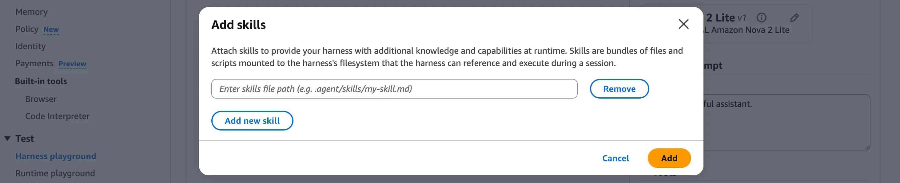 Adding a skill to a harness by pointing at a file path like .agent/skills/my-skill.md. Skills give the harness additional knowledge and capabilities at runtime.
