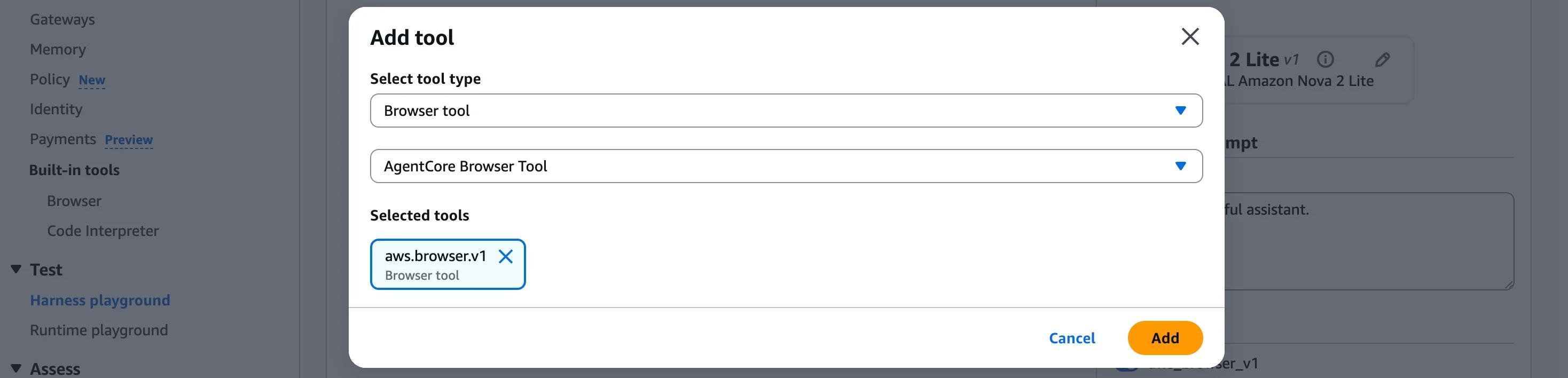 Adding the AgentCore Browser Tool to a harness in the AWS console. No Lambda function, no schema definition, just pick the tool and click Add.