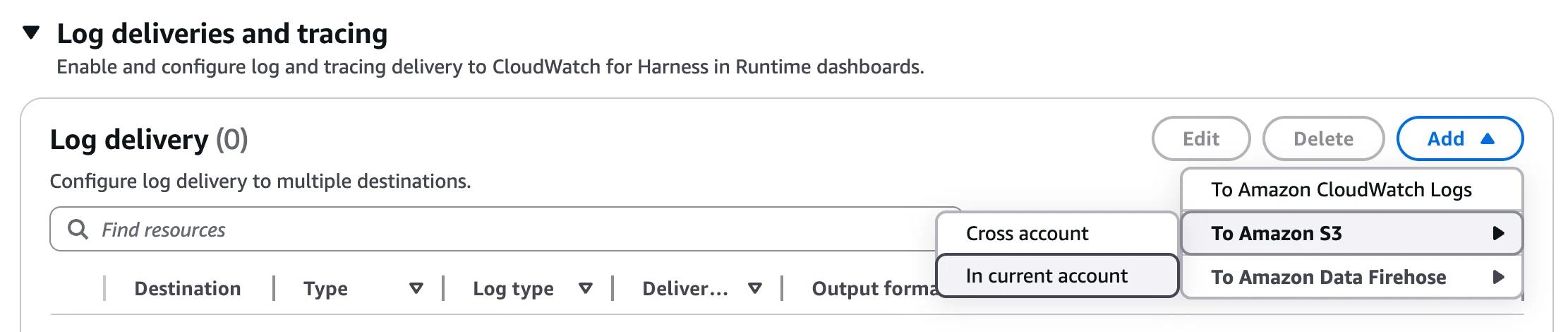 The Log delivery dropdown on a harness with three destination options: CloudWatch Logs, S3 (current account or cross-account), and Data Firehose.