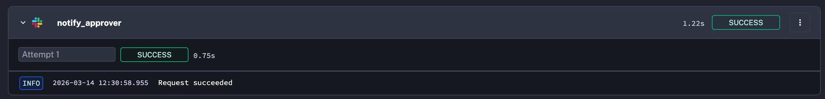Kestra showing the notify_approver task completed successfully
