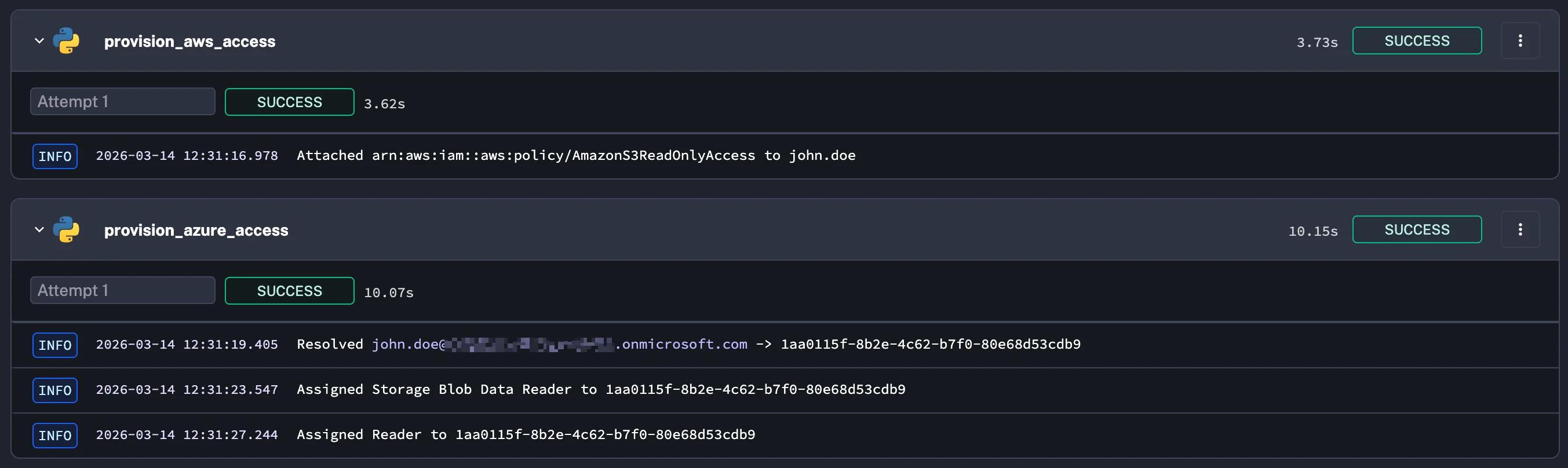 Kestra showing both provision_aws_access and provision_azure_access tasks completed successfully