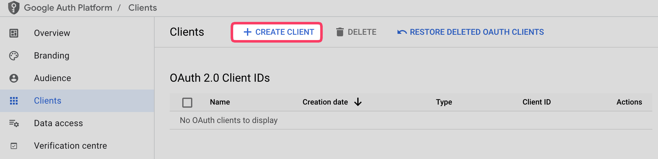 Google Auth Platform interface showing the "Clients" section