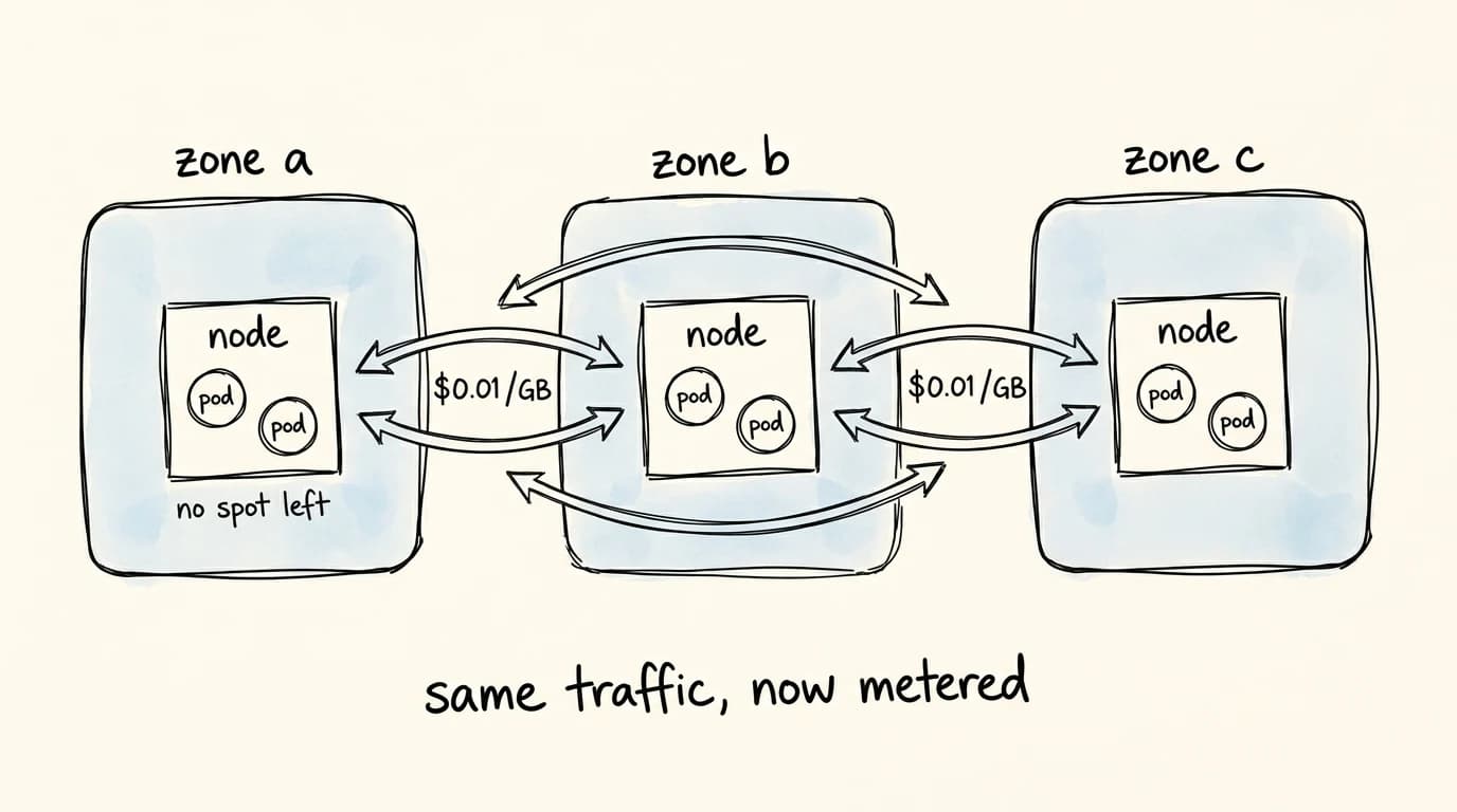 The same workloads spread across three zones, with traffic now crossing zone boundaries at $0.01 per GB