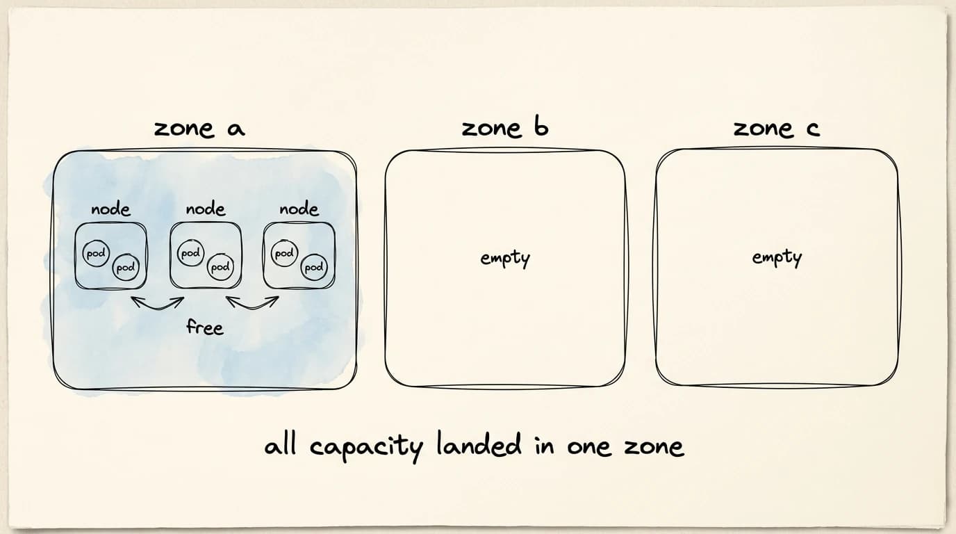 Three availability zones, with every node and pod sitting in the first one and all traffic staying inside it
