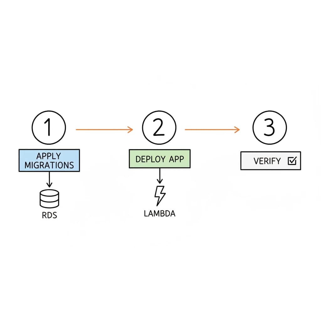 Migrations-first ordering: apply migrations, deploy app, verify