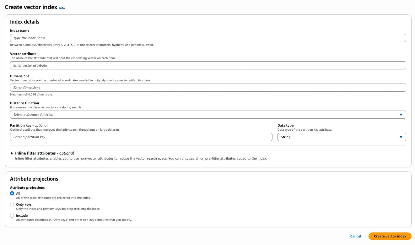 The DynamoDB create vector index form with vector, dimension, distance, partition-key, filter, and projection settings