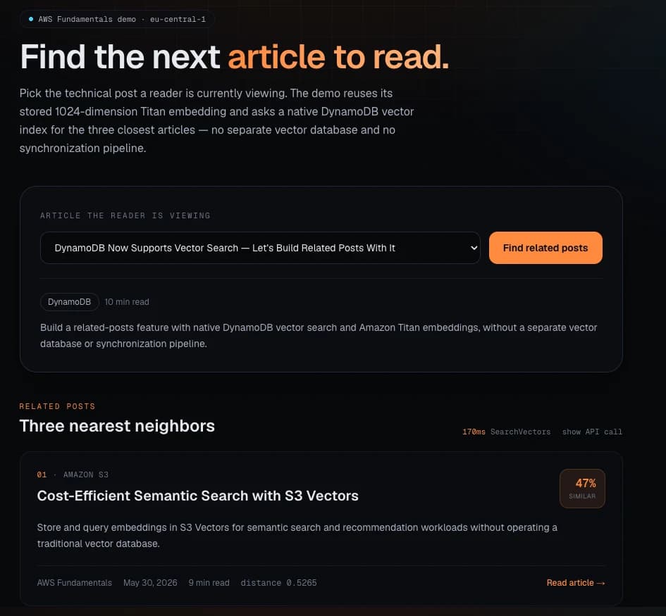 The AWS Fundamentals demo showing related articles returned by DynamoDB vector search