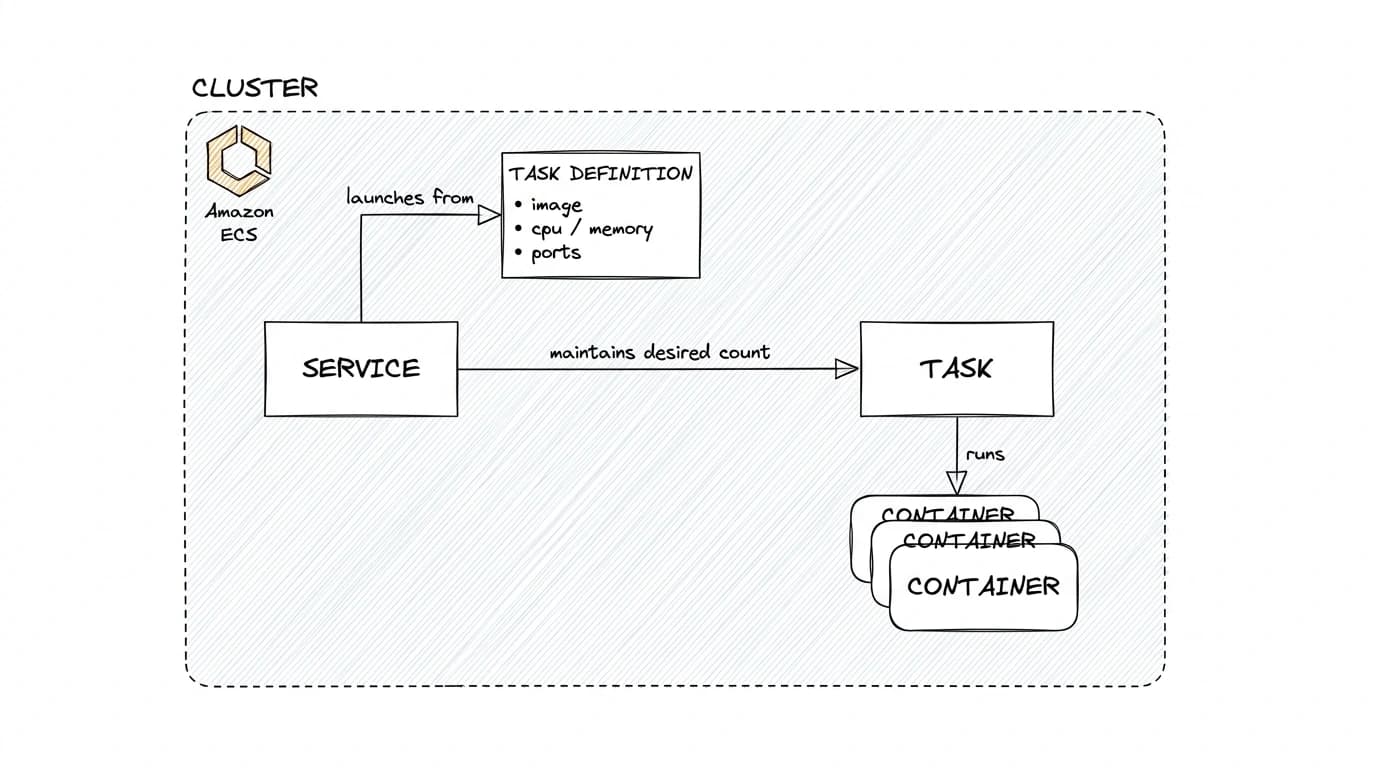 How ECS building blocks relate: cluster, service, task, task definition, container