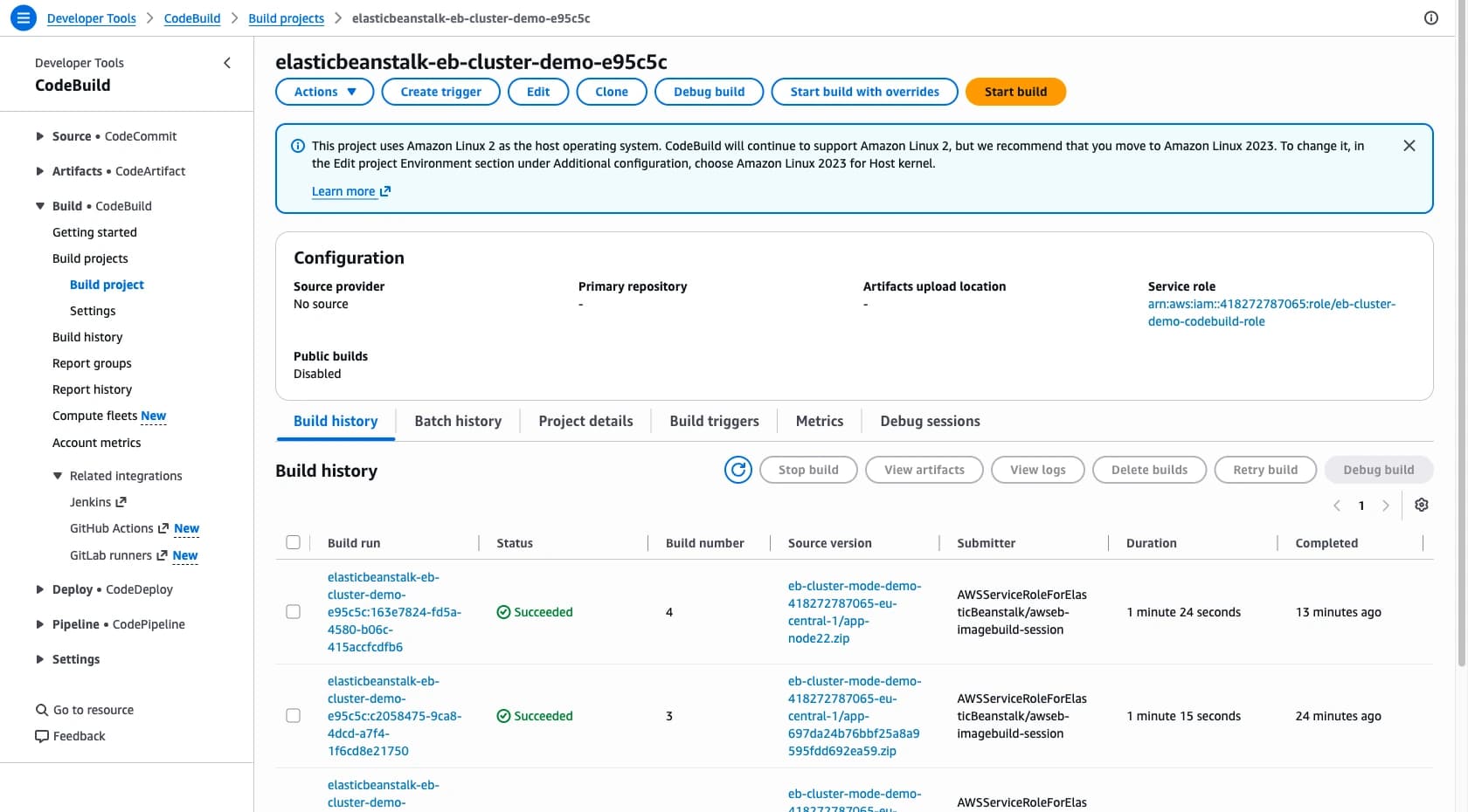 CodeBuild project and build history created by Elastic Beanstalk