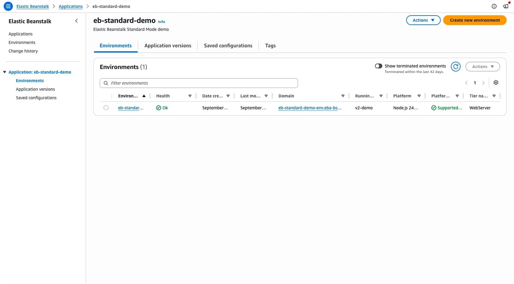 The Standard Mode environment in the Elastic Beanstalk console
