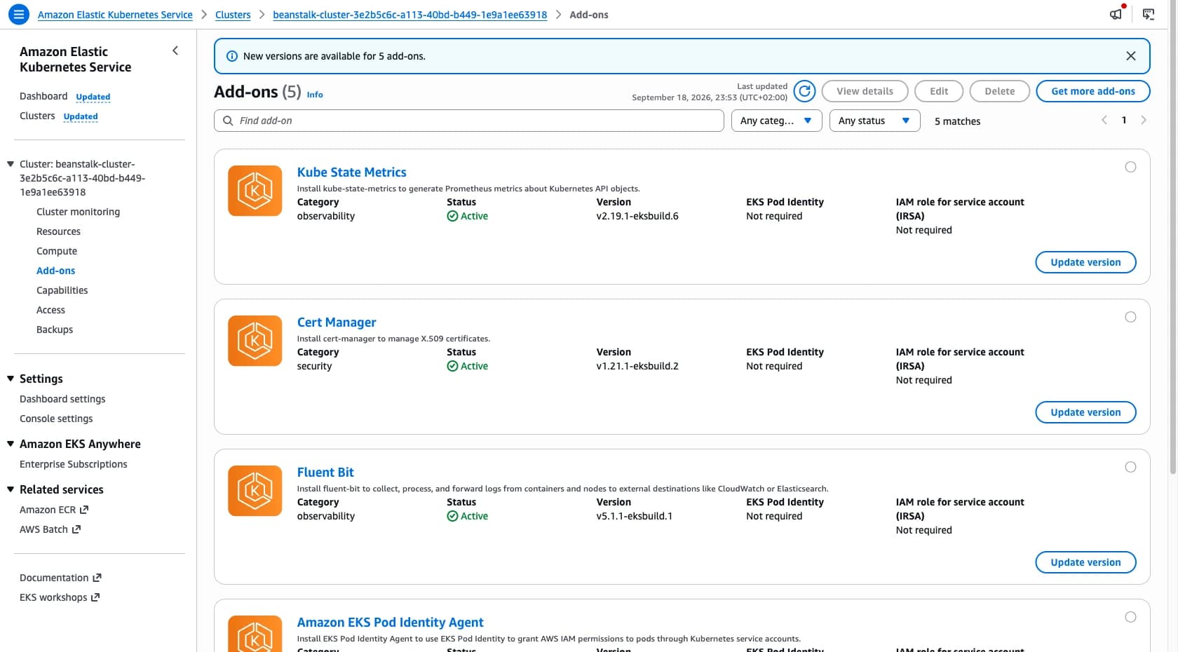 EKS add-ons installed by Elastic Beanstalk, all active