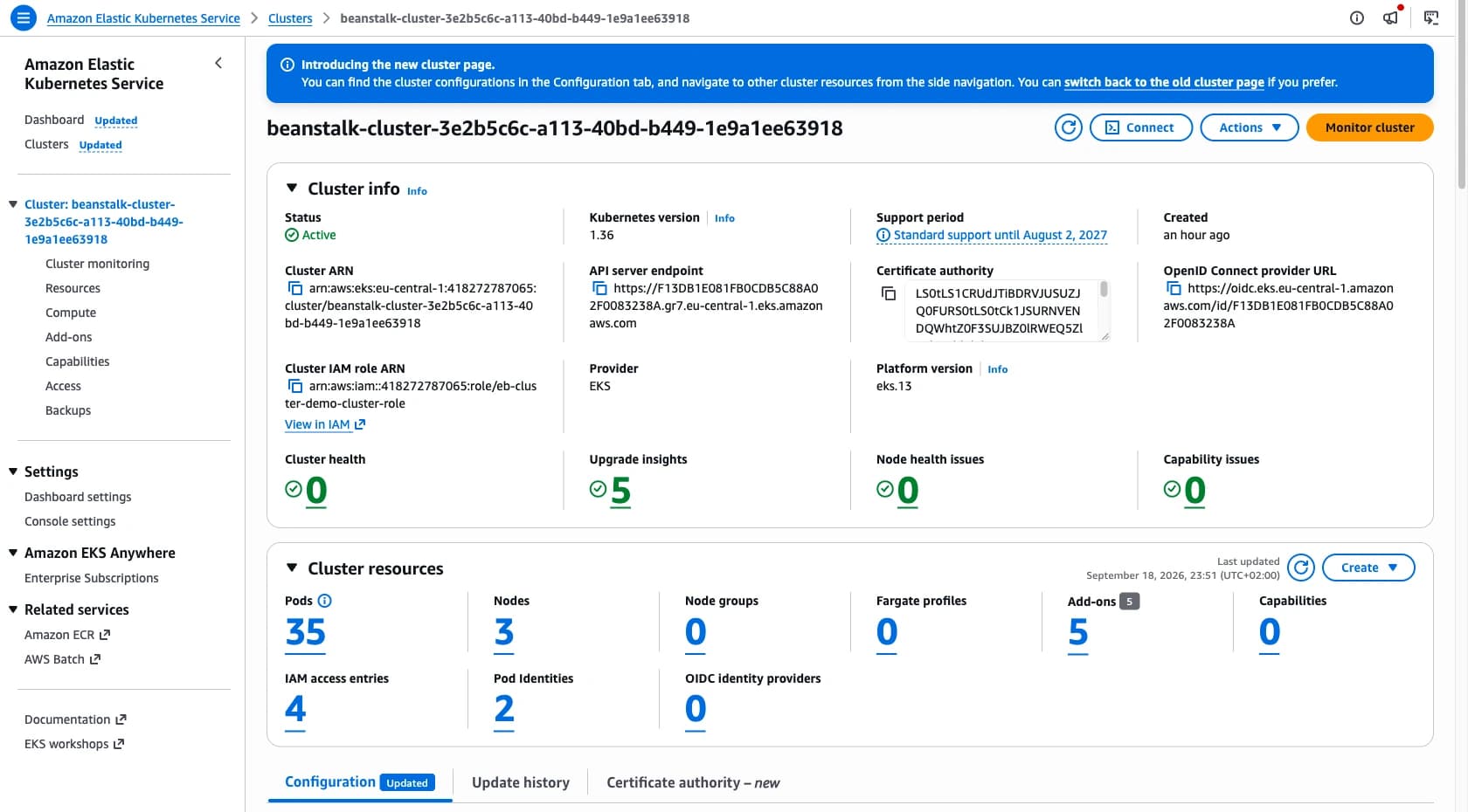EKS cluster created by Elastic Beanstalk in Cluster Mode
