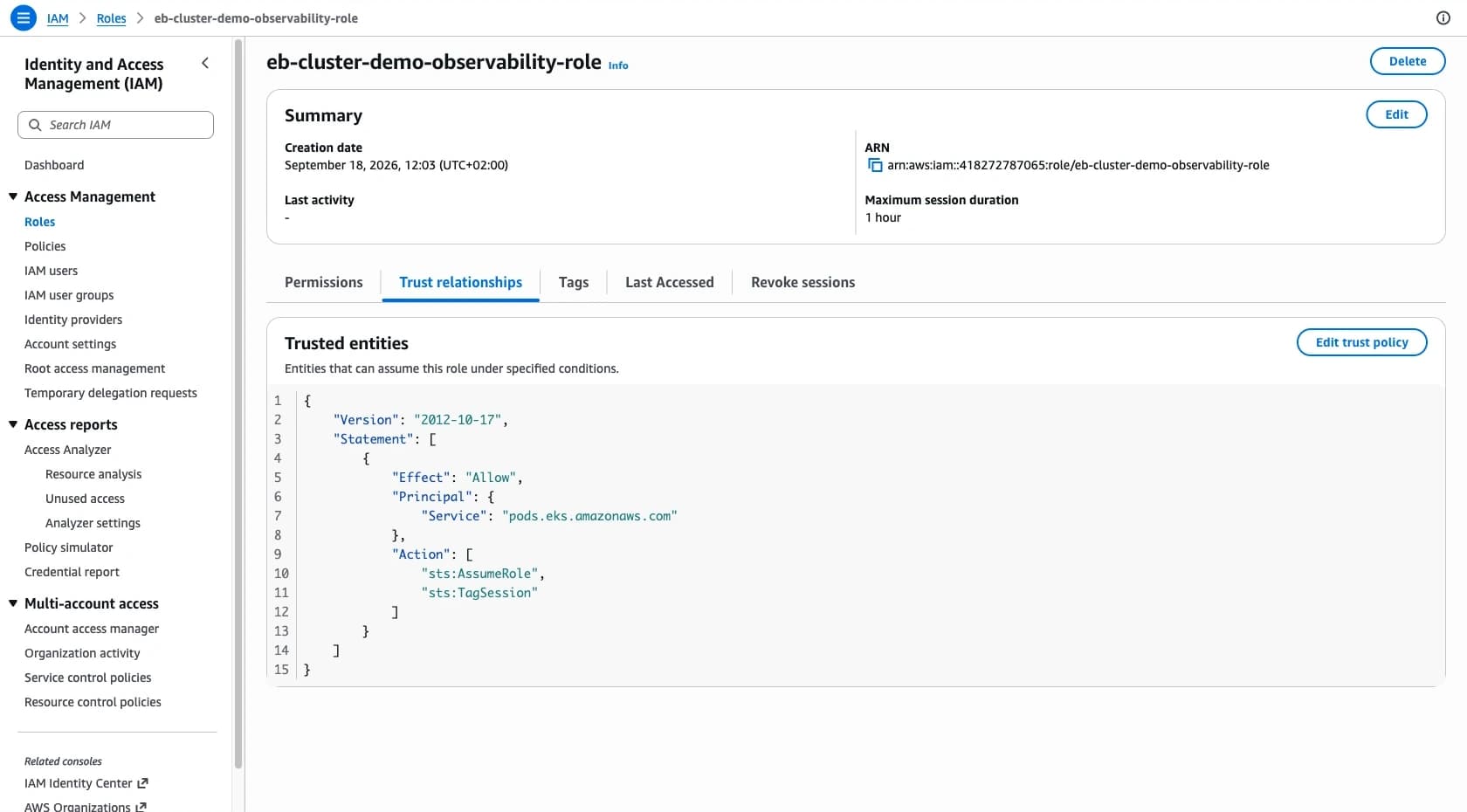 Trust relationships of the observability role
