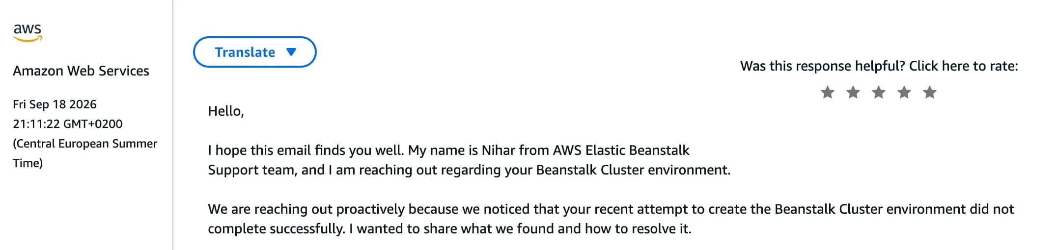 AWS Support case correspondence: a proactive reach-out from the Elastic Beanstalk Support team
