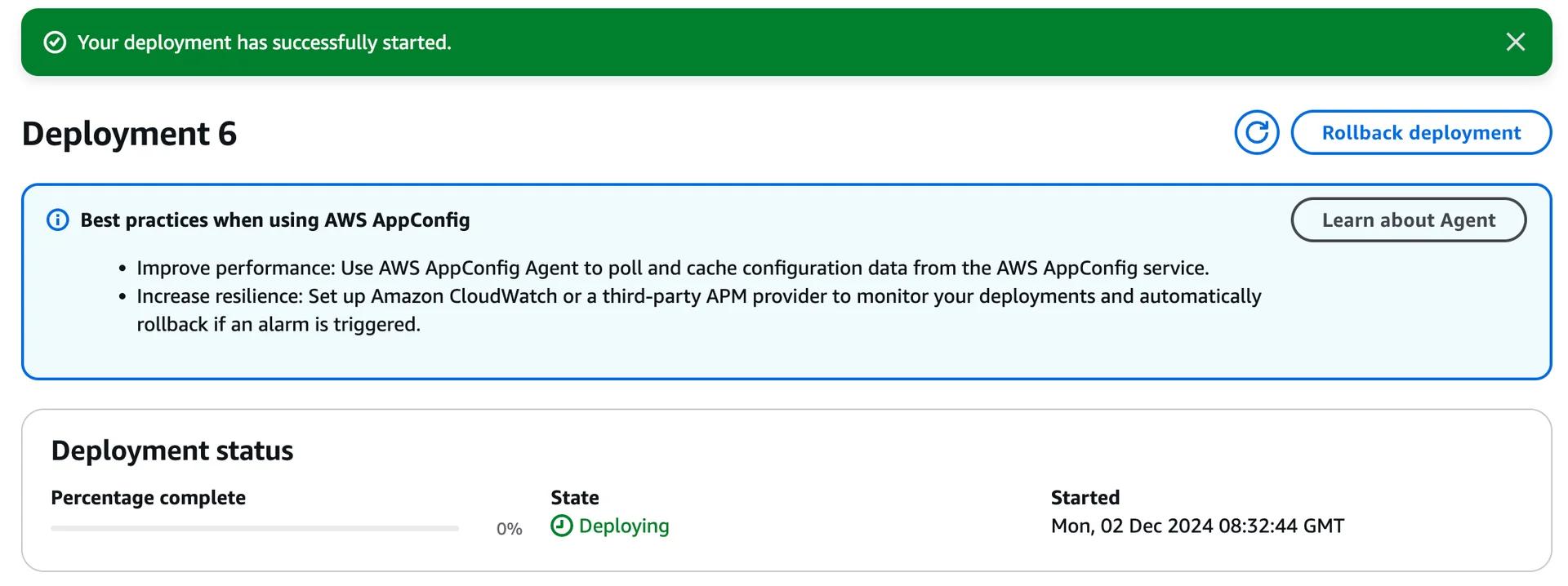 Screenshot showing a successful deployment notification for "Deployment 6" with deployment best practices using AWS AppConfig. The deployment status is "Deploying," with 0% complete, started on Mon, 02 Dec 2024. Options to rollback and learn about the agent are displayed.