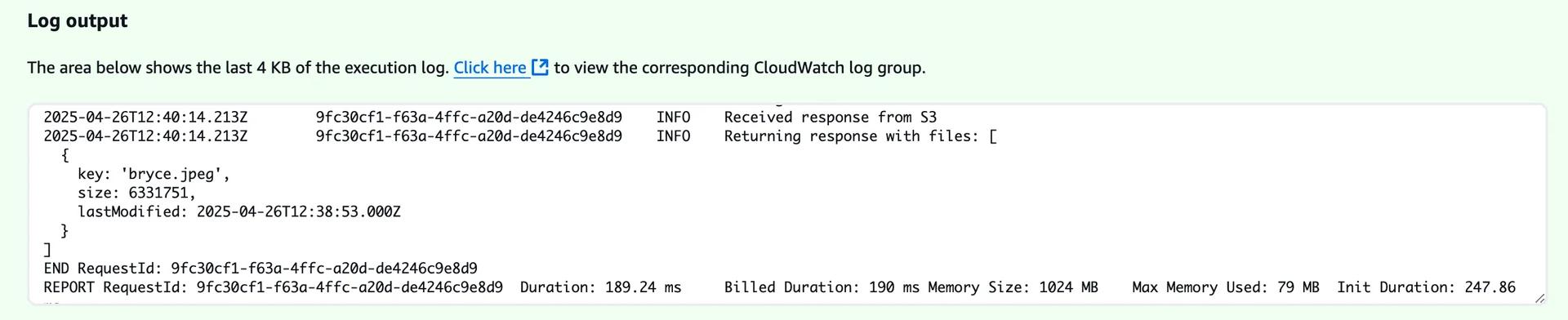 Successful Lambda Invocation