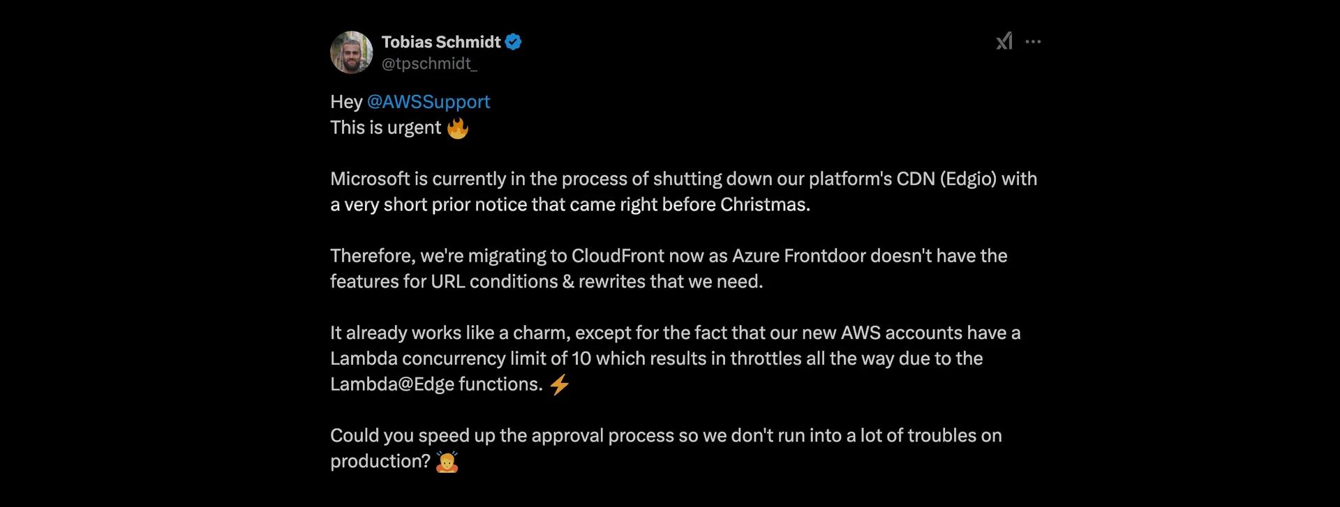 My tweet to @AWSSupport during the Edgio to CloudFront migration asking for a Lambda concurrency limit increase.