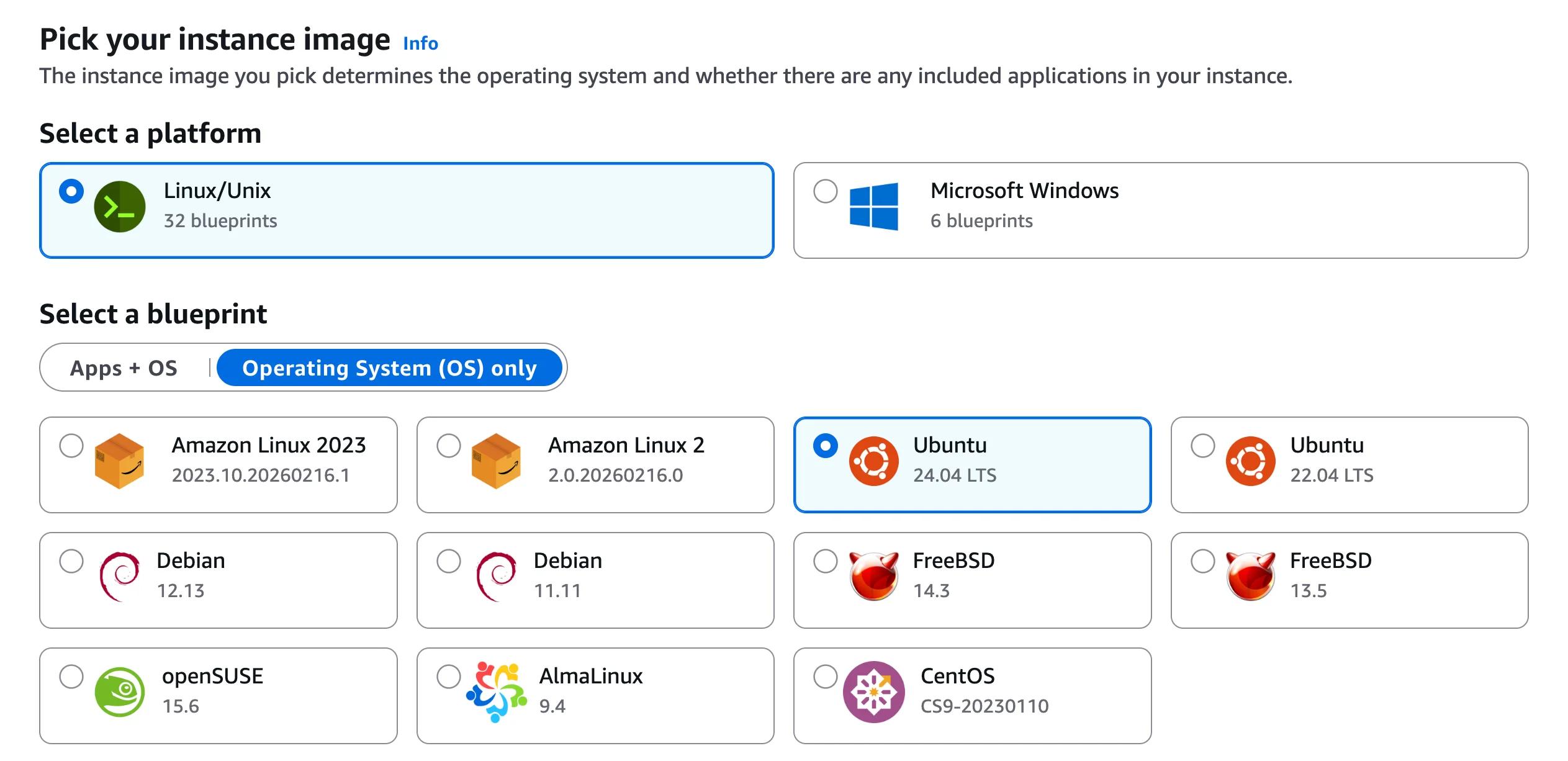Lightsail console: select OS