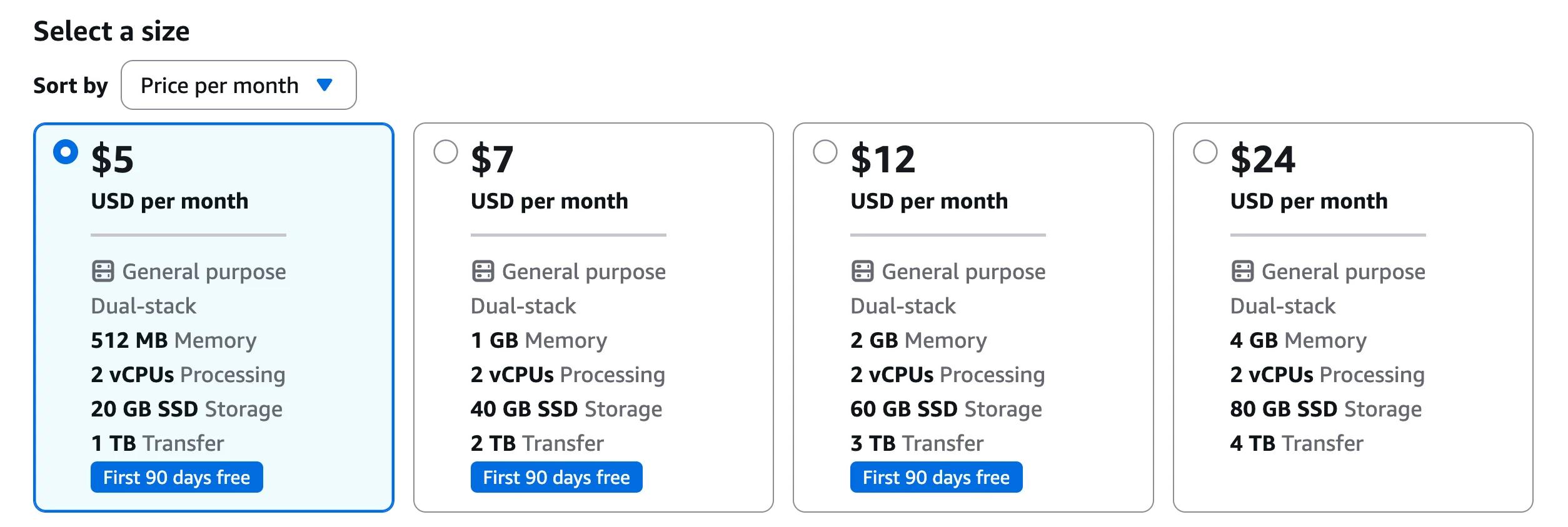 Lightsail console: select instance size