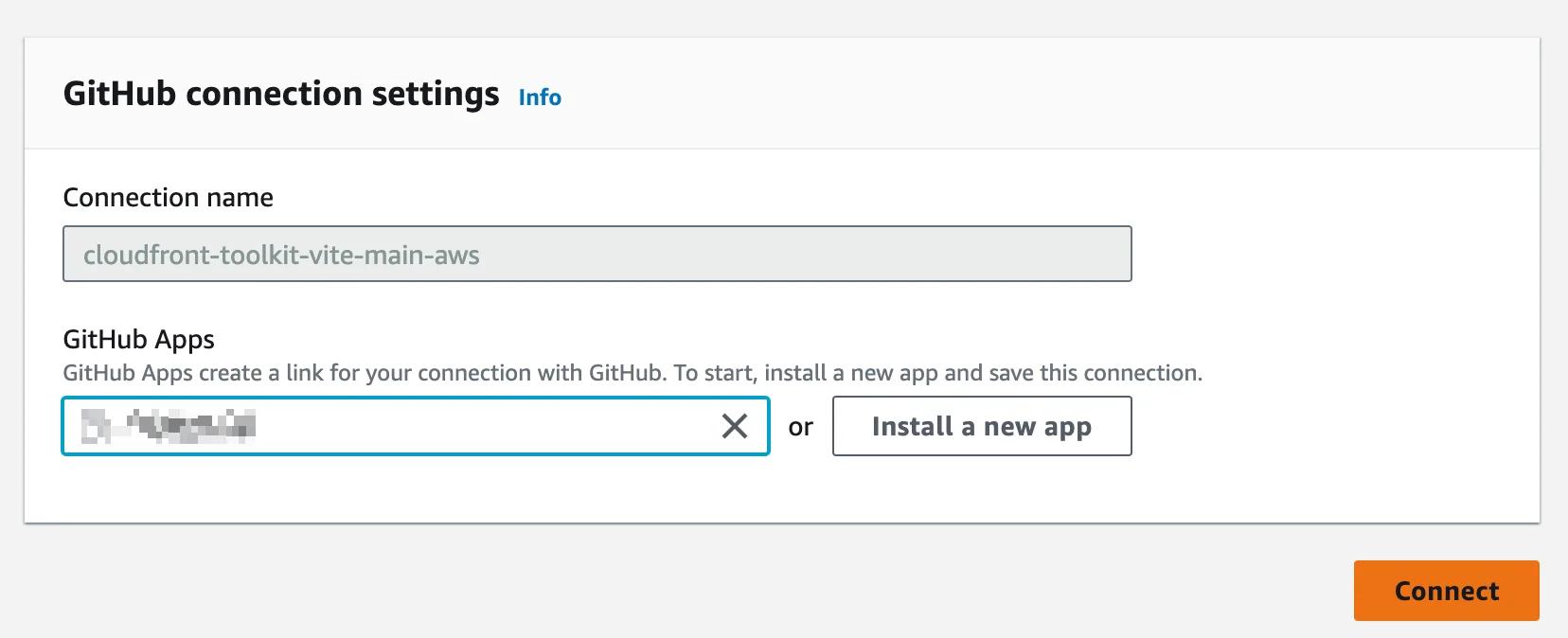 Screenshot of the GitHub connection settings interface. It includes fields for "Connection name" and "GitHub Apps," with options to install a new app or connect. There is an orange "Connect" button at the bottom right. Screenshot of the GitHub connection settings interface. It includes fields for "Connection name" and "GitHub Apps," with options to install a new app or connect. There is an orange "Connect" button at the bottom right.