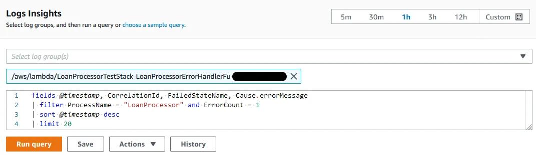 CloudWatch Insights query for Loan Processor errors CloudWatch Insights query for Loan Processor errors