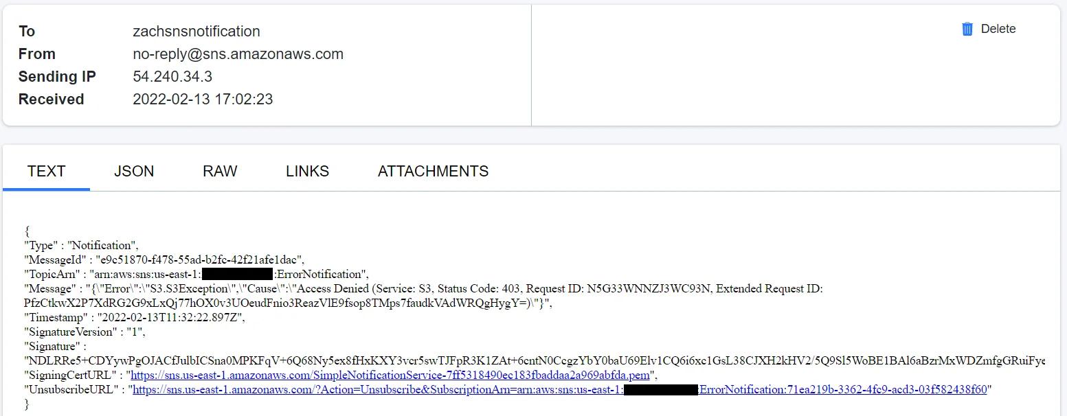 JSON based email received with S3 access denied. JSON based email received with S3 access denied.