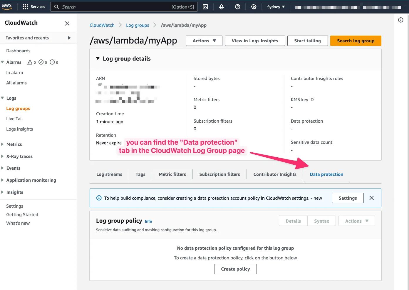 "Data protection" tab in the CloudWatch Log Group page in the AWS Console. "Data protection" tab in the CloudWatch Log Group page in the AWS Console.
