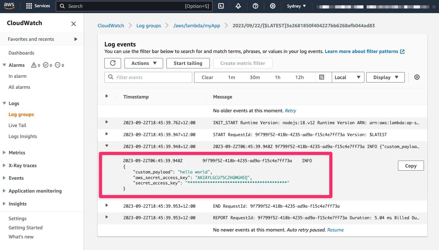 Screenshot of CloudWatch Logs log stream with data masked for current user. Screenshot of CloudWatch Logs log stream with data masked for current user.