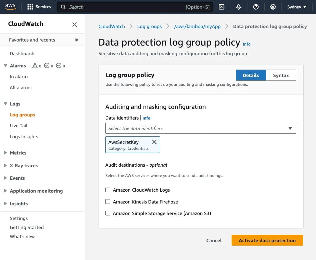 Selecting "AwsSecretKey" data identifier to scan for AWS credentials. Selecting "AwsSecretKey" data identifier to scan for AWS credentials.