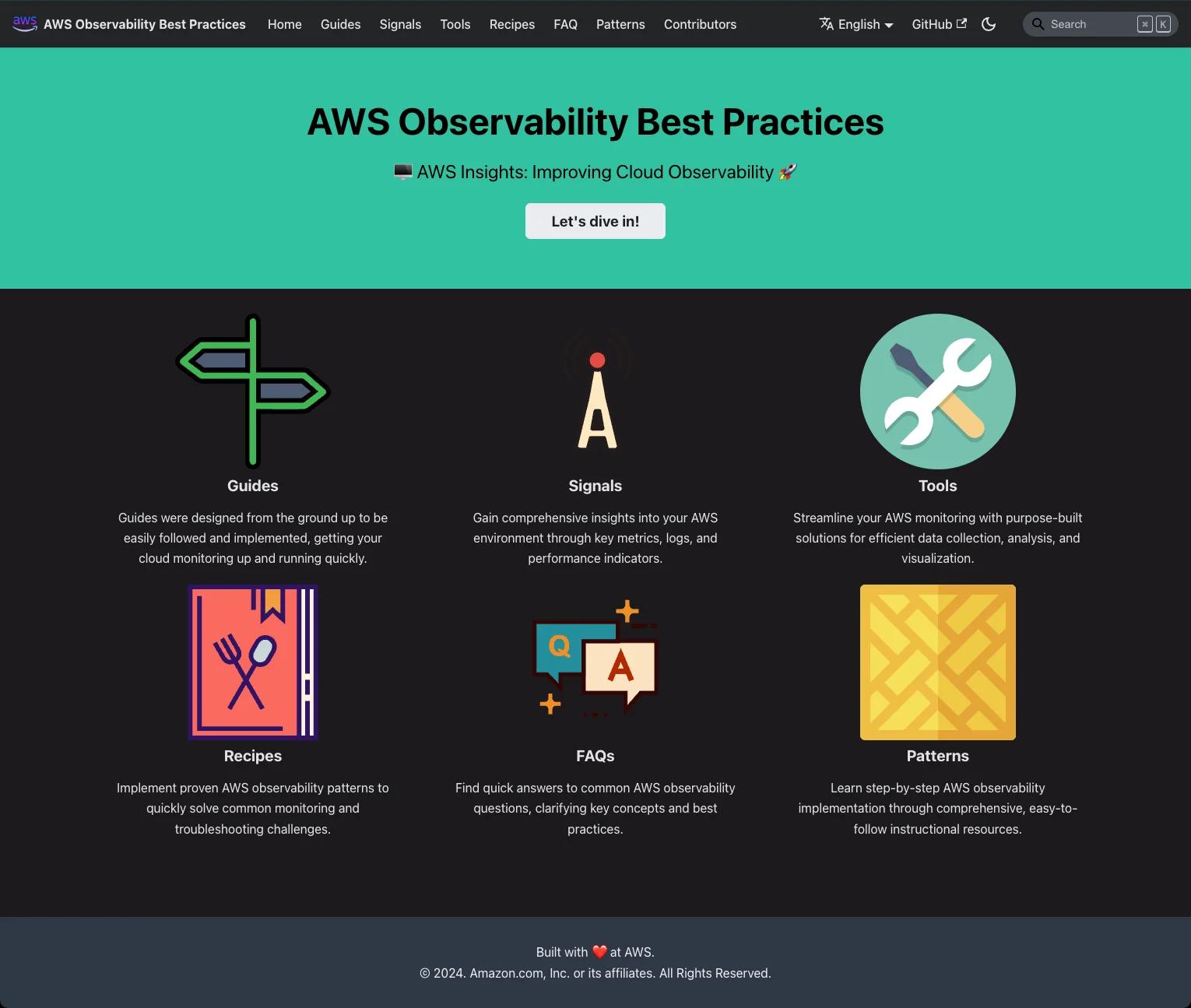 AWS Observability Best Practices website screenshot. Located at https://aws-observability.github.io/observability-best-practices/ AWS Observability Best Practices website screenshot. Located at https://aws-observability.github.io/observability-best-practices/
