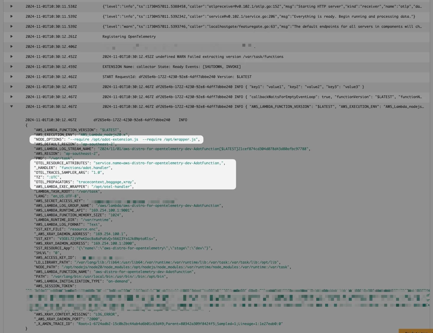 Screenshot of log event with OpenTelemetry configuration injected by AWS Distro for OpenTelemetry Lambda layer Screenshot of log event with OpenTelemetry configuration injected by AWS Distro for OpenTelemetry Lambda layer