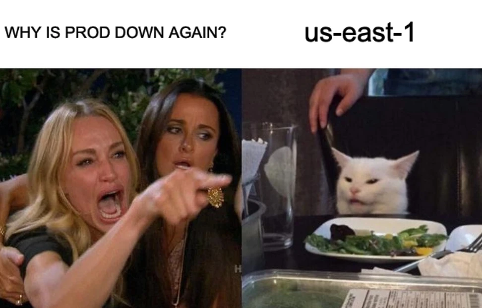 Woman yelling at cat meme: 'Why is prod down again?' pointed at a cat labeled 'us-east-1'
